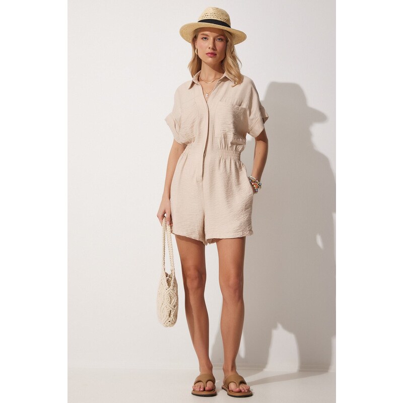 Happiness İstanbul Women's Light Beige Ayrobin Viscose Jumpsuit with Shorts