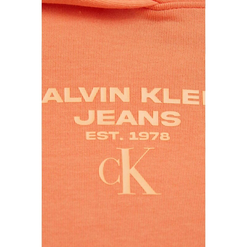 Mikina Calvin Klein Jeans dámská, oranžová barva, s kapucí, s potiskem