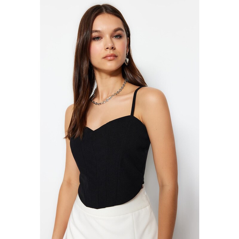 Trendyol Black Fitted Crepe Knitted Bustier with Crop Straps