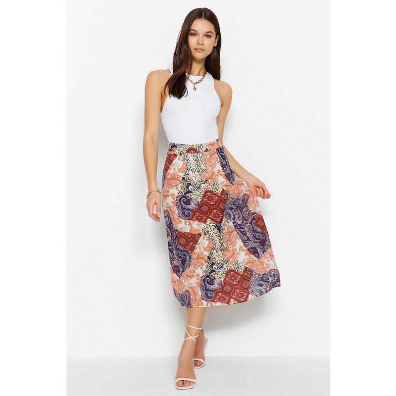 Trendyol Blue Midi Woven Printed Skirt