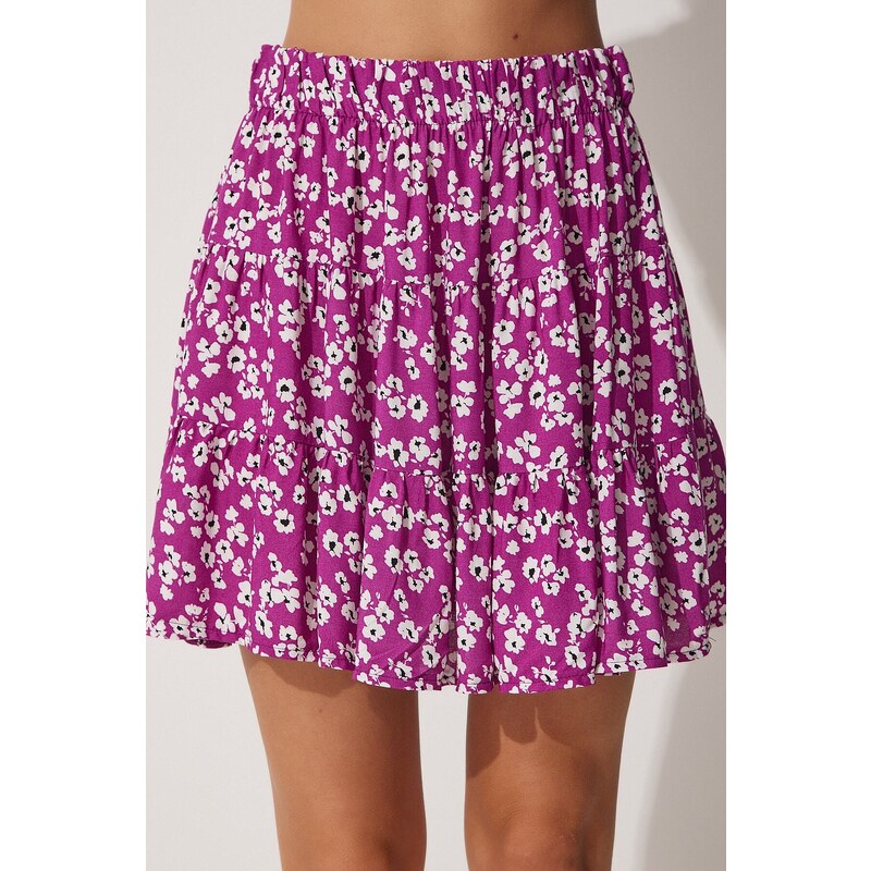 Happiness İstanbul Women's Purple Floral Ruffle Summer Viscose Mini Skirt