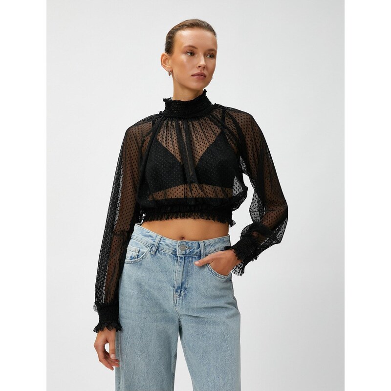 Koton Chiffon Crop Blouse High Neck Long Sleeve