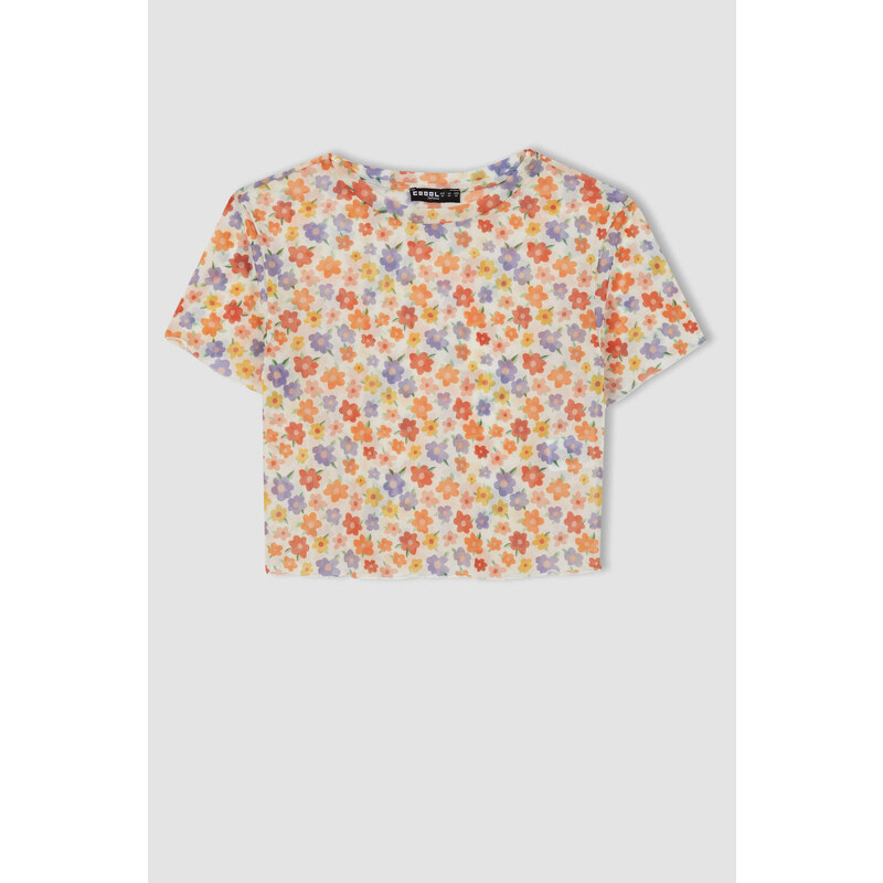 DEFACTO Slim Fit Crew Neck Floral Pattern Short Sleeve T-Shirt