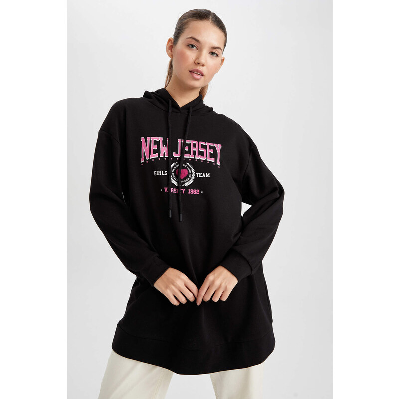 DEFACTO Relax Fit Hooded Printed Sweatshirt Tunic