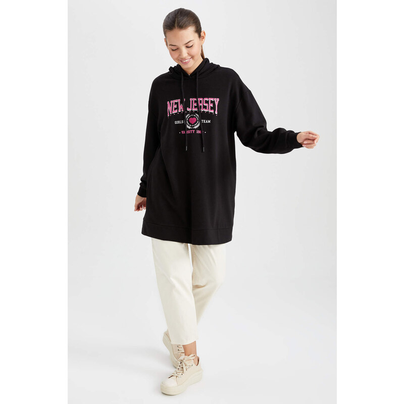 DEFACTO Relax Fit Hooded Printed Sweatshirt Tunic