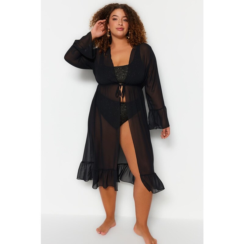 Trendyol Curve Long Black Chiffon Kimono & Caftan