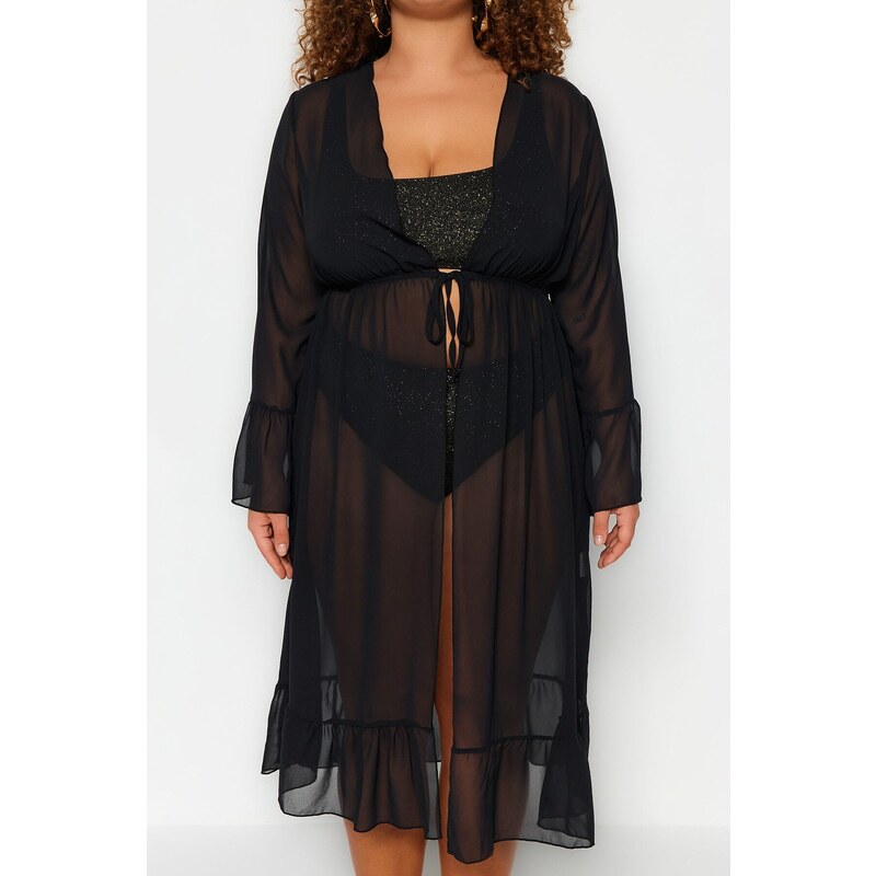 Trendyol Curve Long Black Chiffon Kimono & Caftan