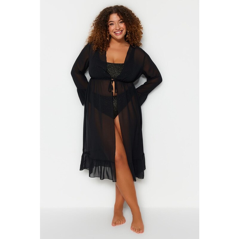 Trendyol Curve Long Black Chiffon Kimono & Caftan