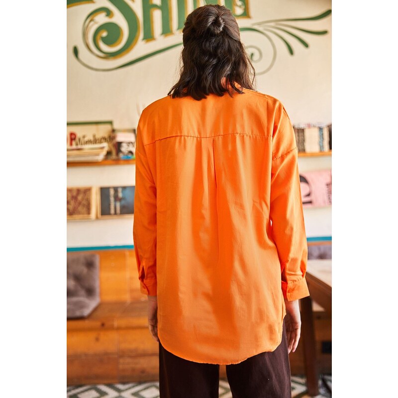 Olalook Women's Orange Bird Sequin Detailed Woven Boyfriend Shirt
