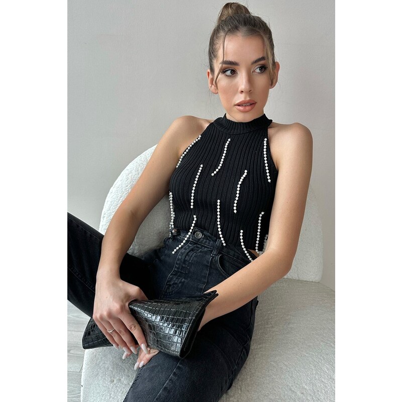 Trend Alaçatı Stili Women's Black High Collar Pearl Embroidered Halter Crop Knitwear Blouse