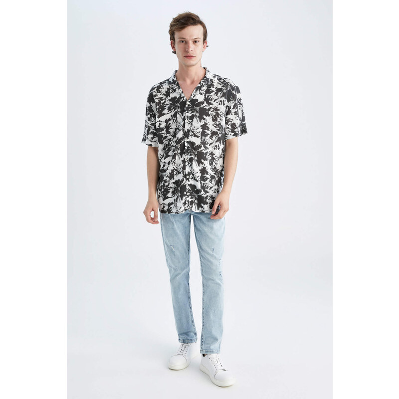 DEFACTO Regular Fit Short Sleeve Palm Print Viscose Shirt