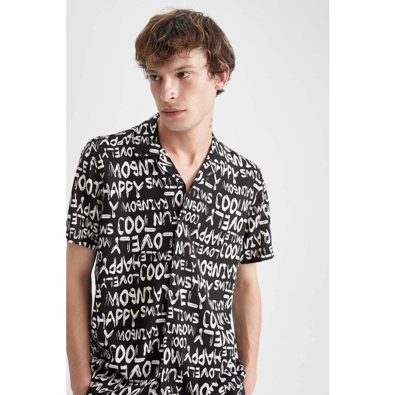 DEFACTO Regular Fit Short Sleeve Slogan Print Viscose Shirt