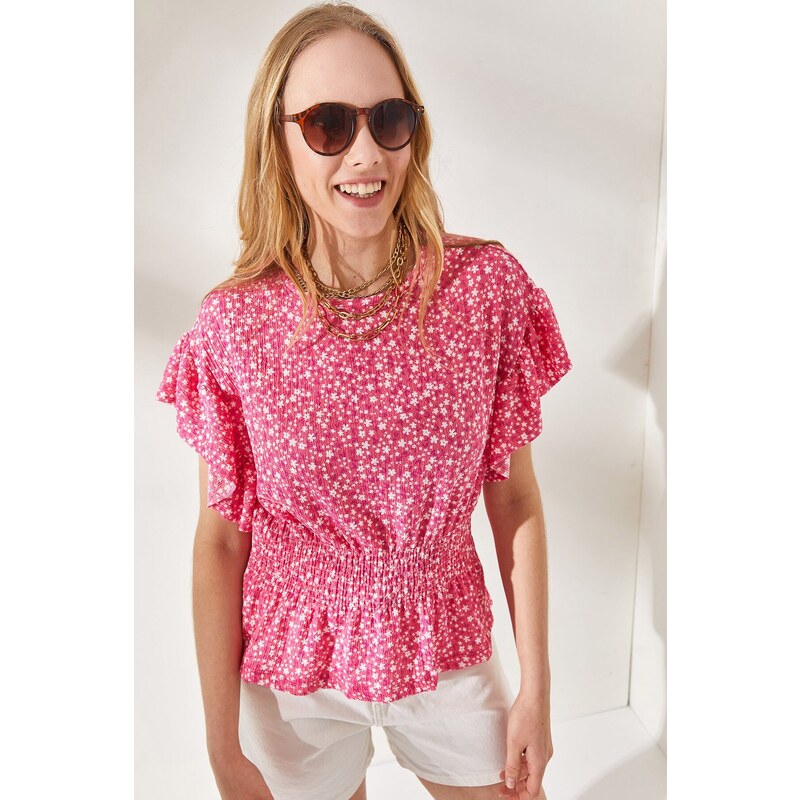 Olalook Women's Floral Pink Bat Blouse with an Elastic Waist and Frilled Sleeves