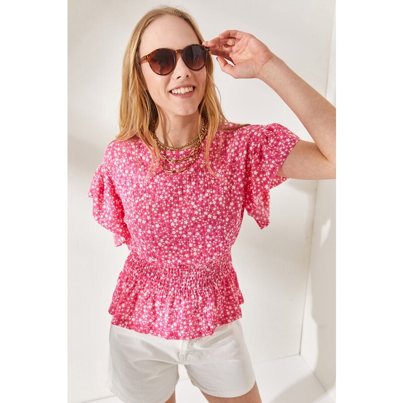 Olalook Women's Floral Pink Bat Blouse with an Elastic Waist and Frilled Sleeves