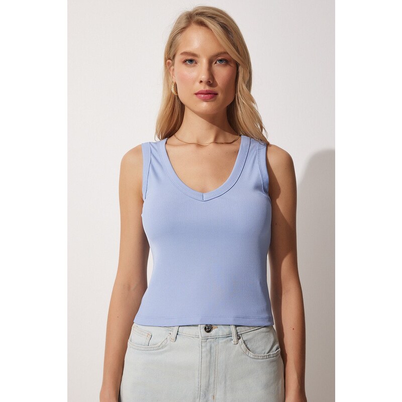 Happiness İstanbul Women's Sky Blue V-Neck Ribbed Crop Blouse