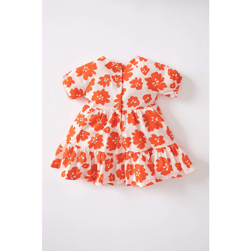 DEFACTO Baby Girl Floral Short Sleeve Linen Look Dress