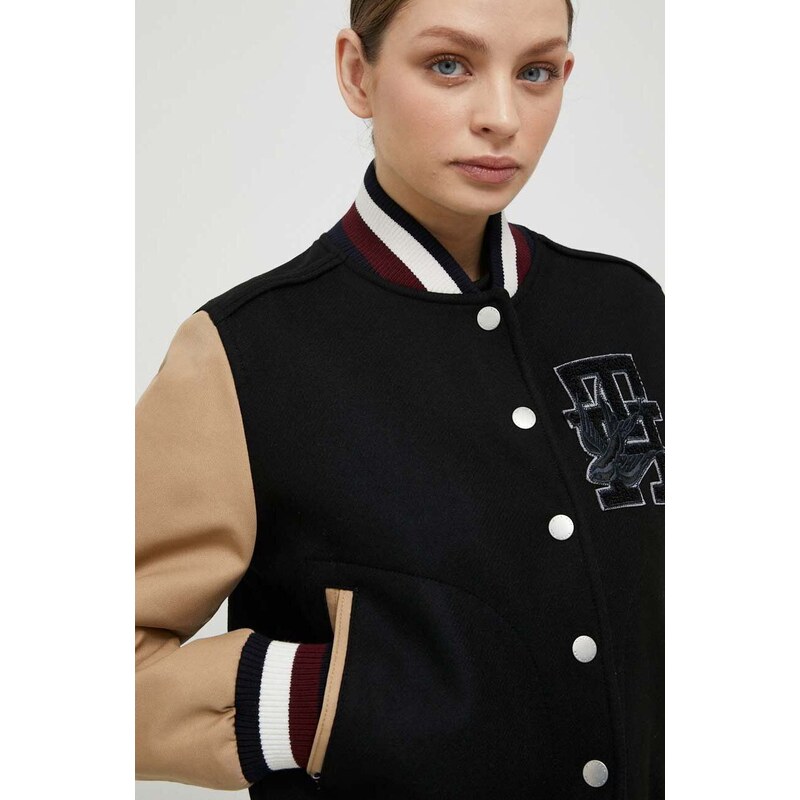 Vlněná bomber bunda Tommy Hilfiger černá barva, přechodná