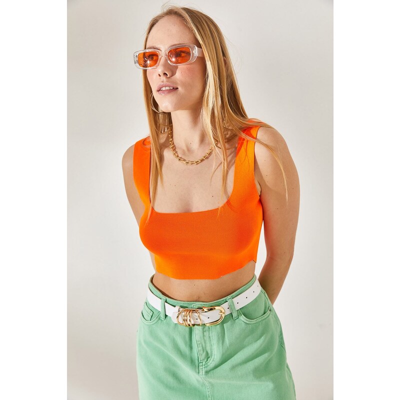 Olalook Women's Orange Six Oval Crop Knitwear Blouse