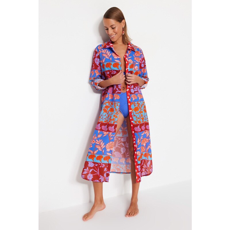 Trendyol Floral Print Midi Woven 100% Cotton Kimono & Caftan