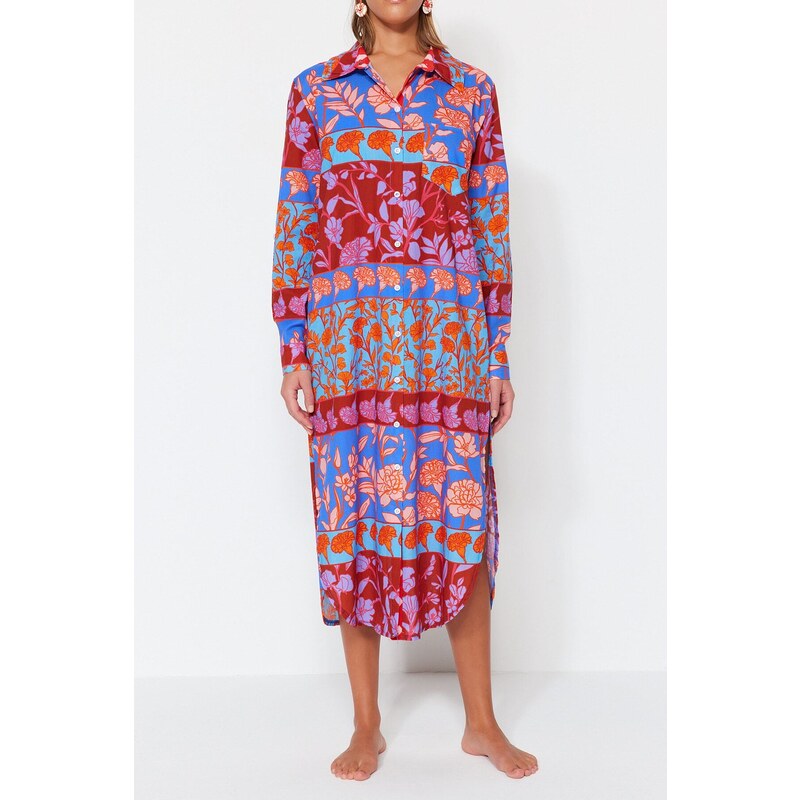 Trendyol Floral Print Midi Woven 100% Cotton Kimono & Caftan