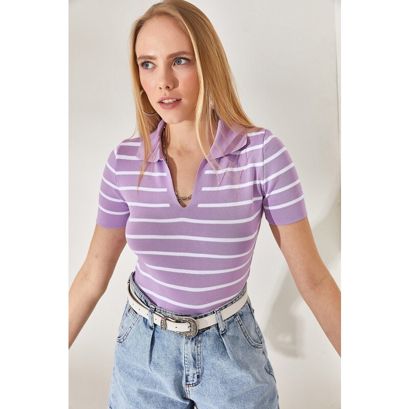 Olalook Women's Lilac Polo Neck Striped Crop Knitwear Blouse