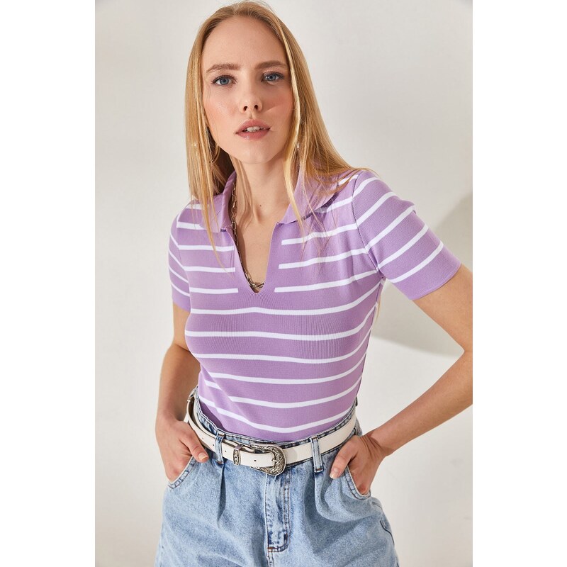 Olalook Women's Lilac Polo Neck Striped Crop Knitwear Blouse