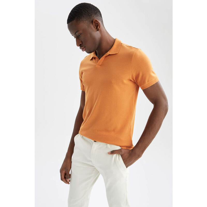 DEFACTO Slim Fit Polo Neck Základní pletené tričko s krátkým rukávem