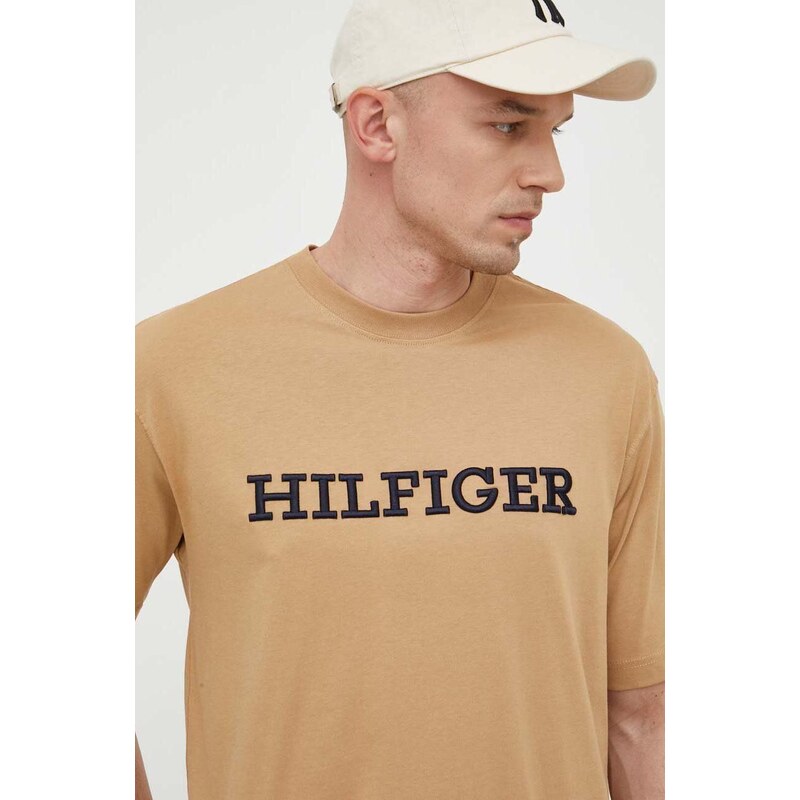 Bavlněné tričko Tommy Hilfiger béžová barva, s aplikací