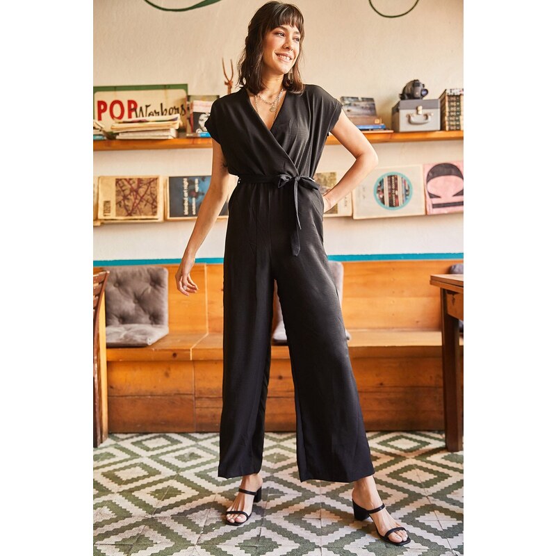 Olalook Women's Black Belted Wide Leg Woven Bodrum Jumpsuit