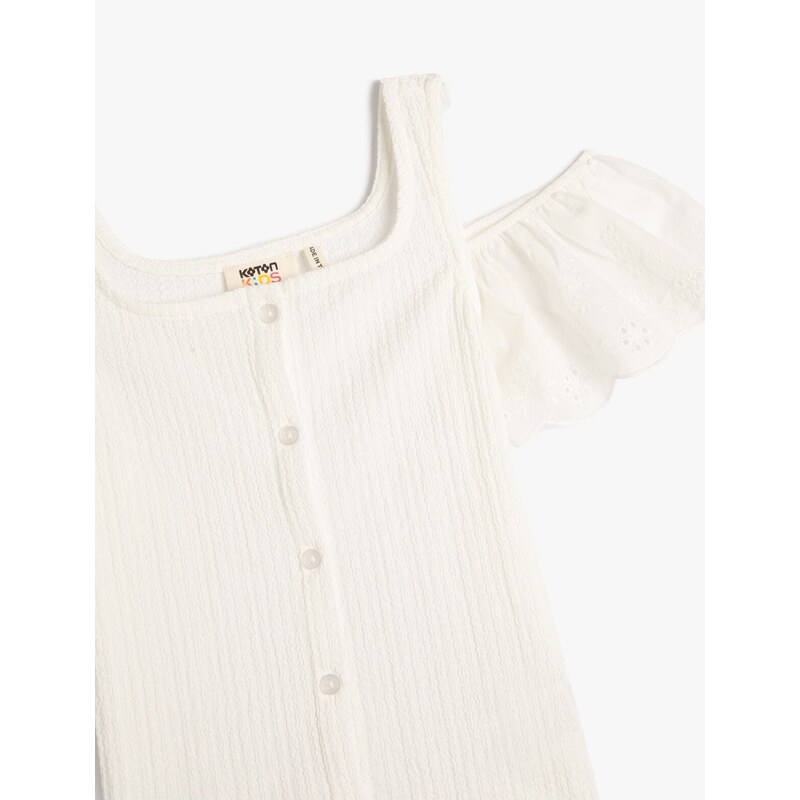 Koton T-Shirts With Frills Window Detail Buttons Round Neck Textured.