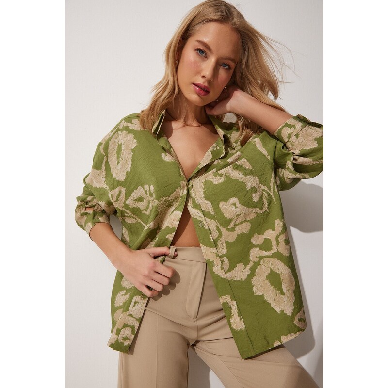 Happiness İstanbul Women's Green Patterned Oversized Cotton Satin Shirt