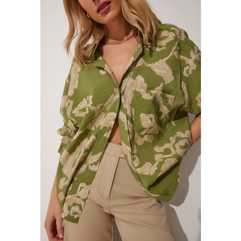 Happiness İstanbul Women's Green Patterned Oversized Cotton Satin Shirt