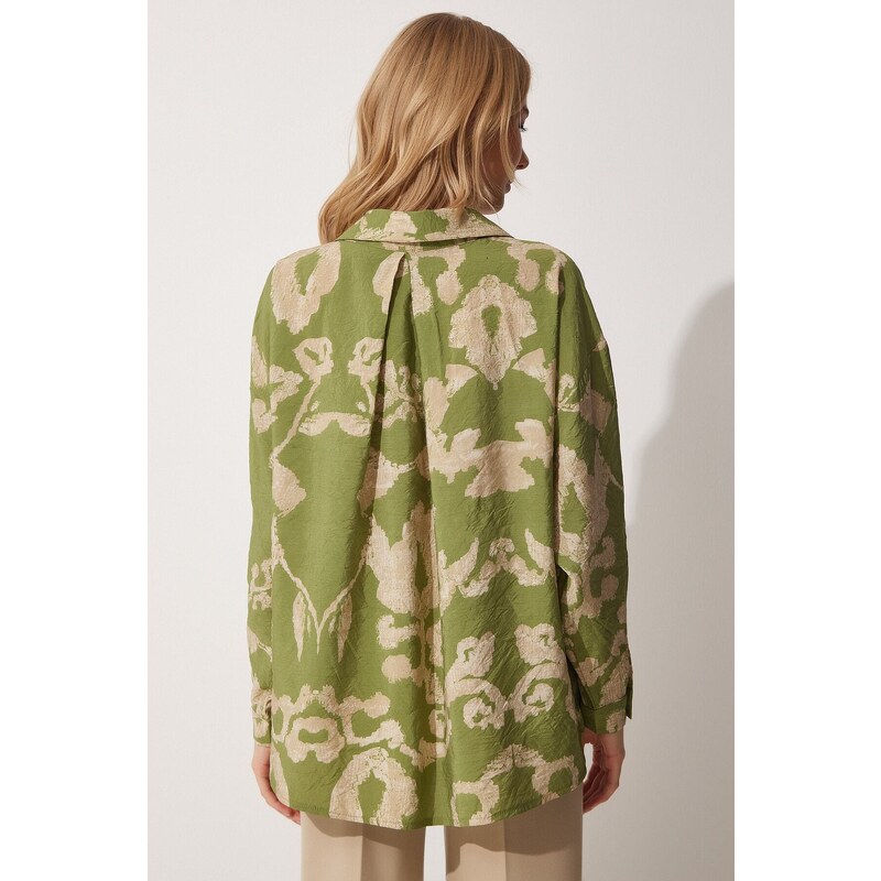 Happiness İstanbul Women's Green Patterned Oversized Cotton Satin Shirt