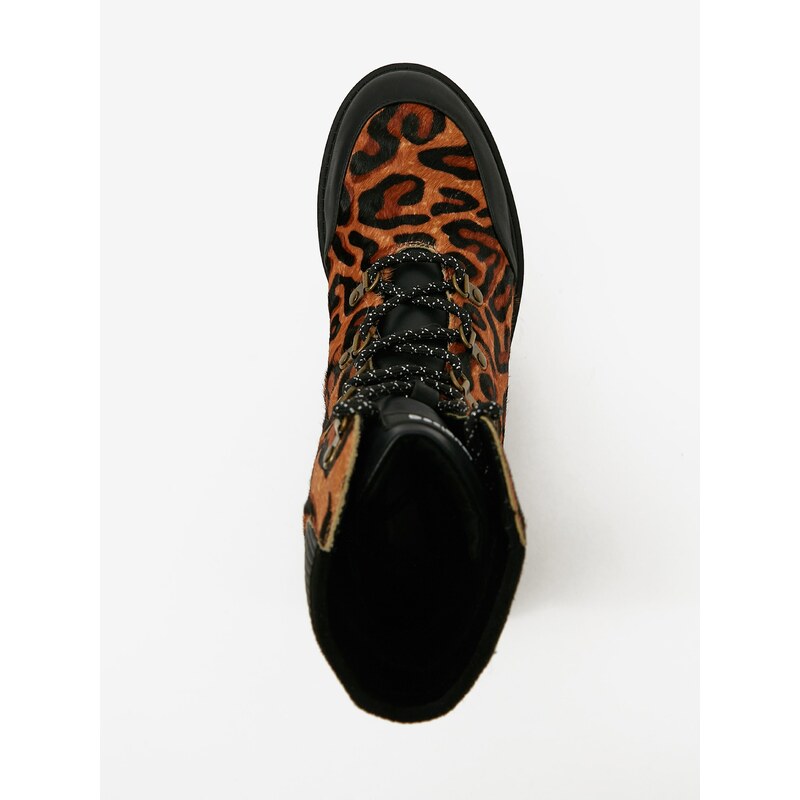 Hnědé dámské kožené kotníkové boty s leopardím vzorem Desigual Biker Le - Dámské