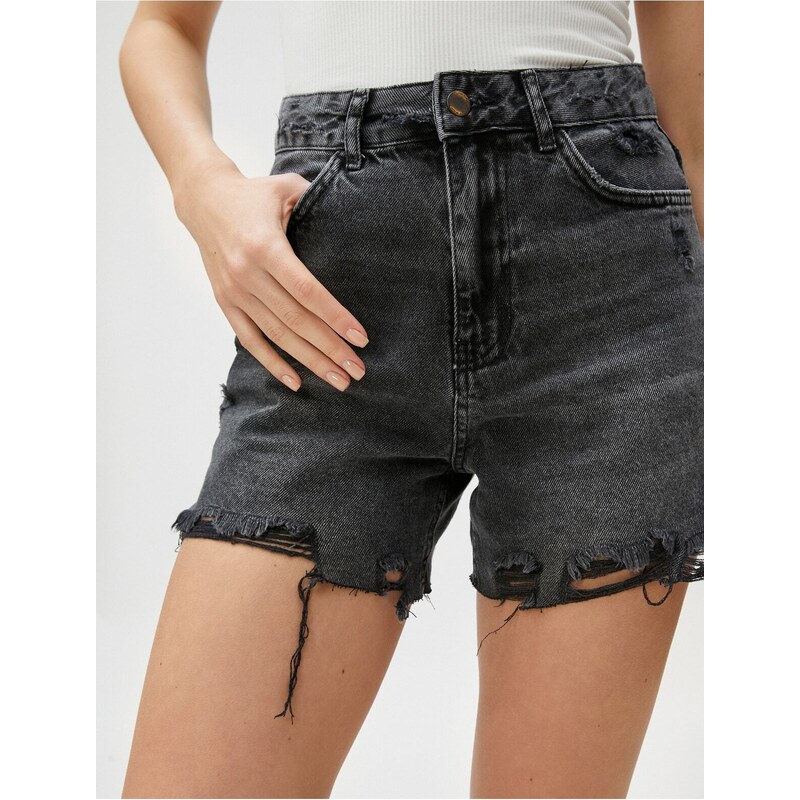 Koton Ripped Denim Shorts With Pocket Detail High Waist Cotton.