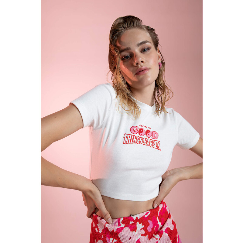 DEFACTO Crop Top Crew Neck Printed Short Sleeve T-Shirt