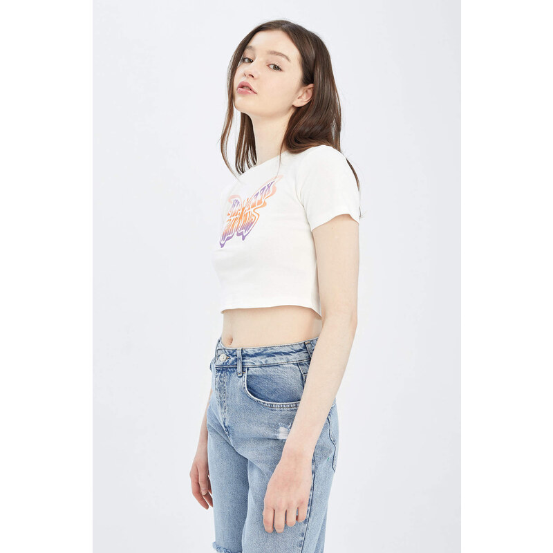 DEFACTO Cool Fitted Crew Neck Printed Short Sleeve Crop T-Shirt