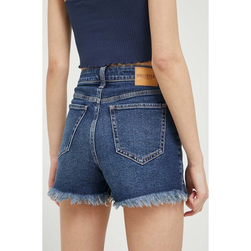 Džínové šortky Hollister Co. dámské, tmavomodrá barva, hladké, high waist