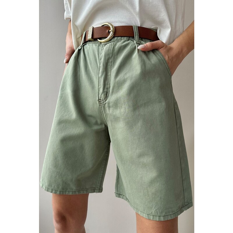 Trend Alaçatı Stili Women's Green High Waist Wide Leg Bermuda Denim Shorts