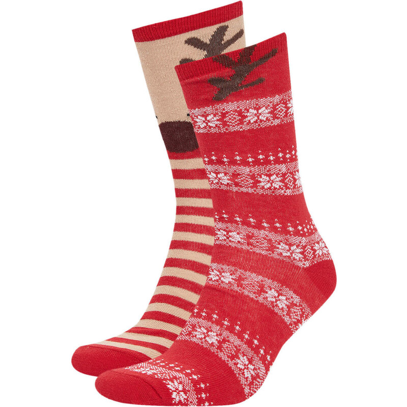 DEFACTO Women's Christmas Themed Cotton 2-Pack Long Socks