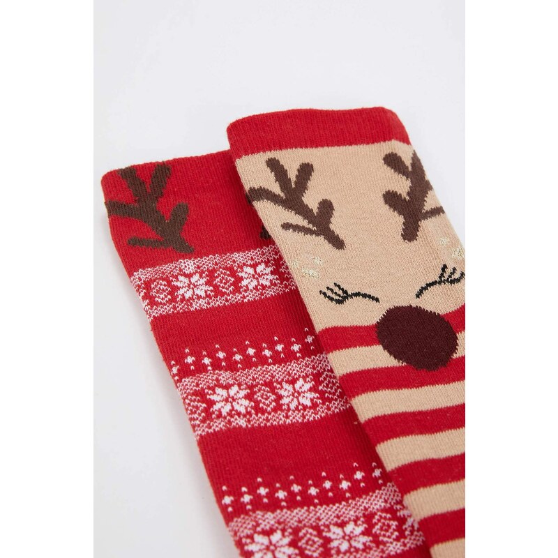 DEFACTO Women's Christmas Themed Cotton 2-Pack Long Socks
