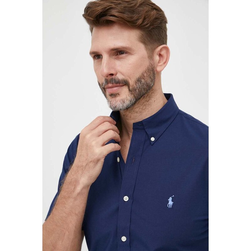 Košile Polo Ralph Lauren pánská, tmavomodrá barva, slim, s límečkem button-down