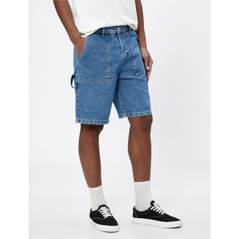 Koton Bermuda Denim Shorts with Stitching Detail, Pockets, Buttons, Cotton