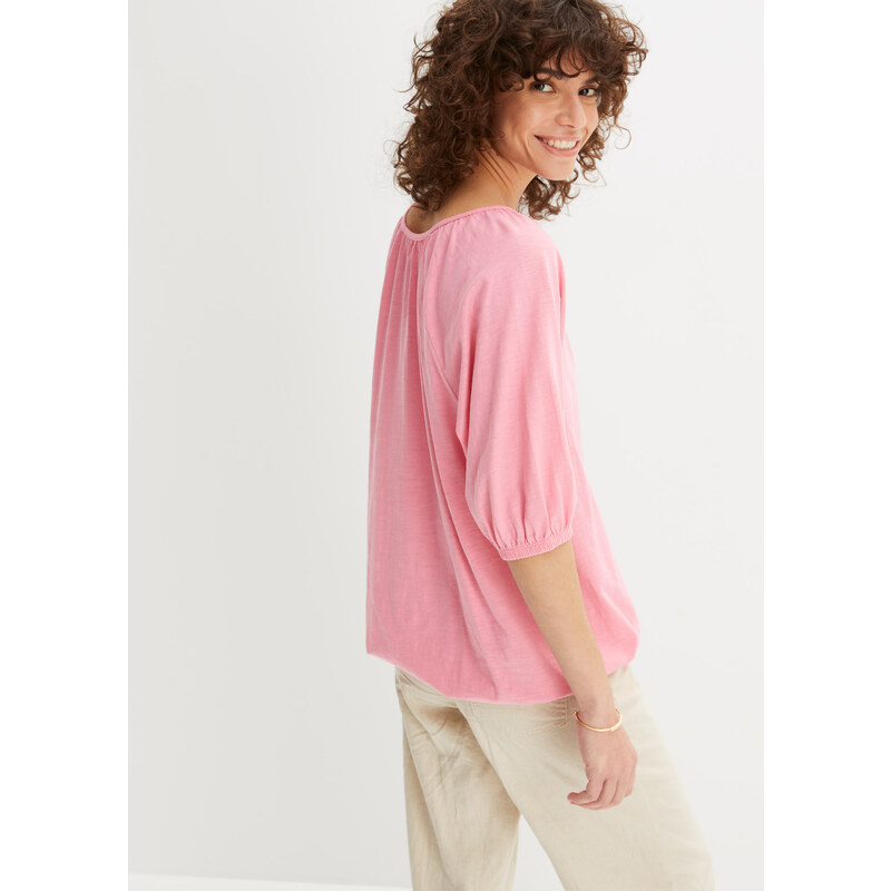 bonprix Bavlněné tričko s gumou podél spodního lemu, krátký rukáv Růžová