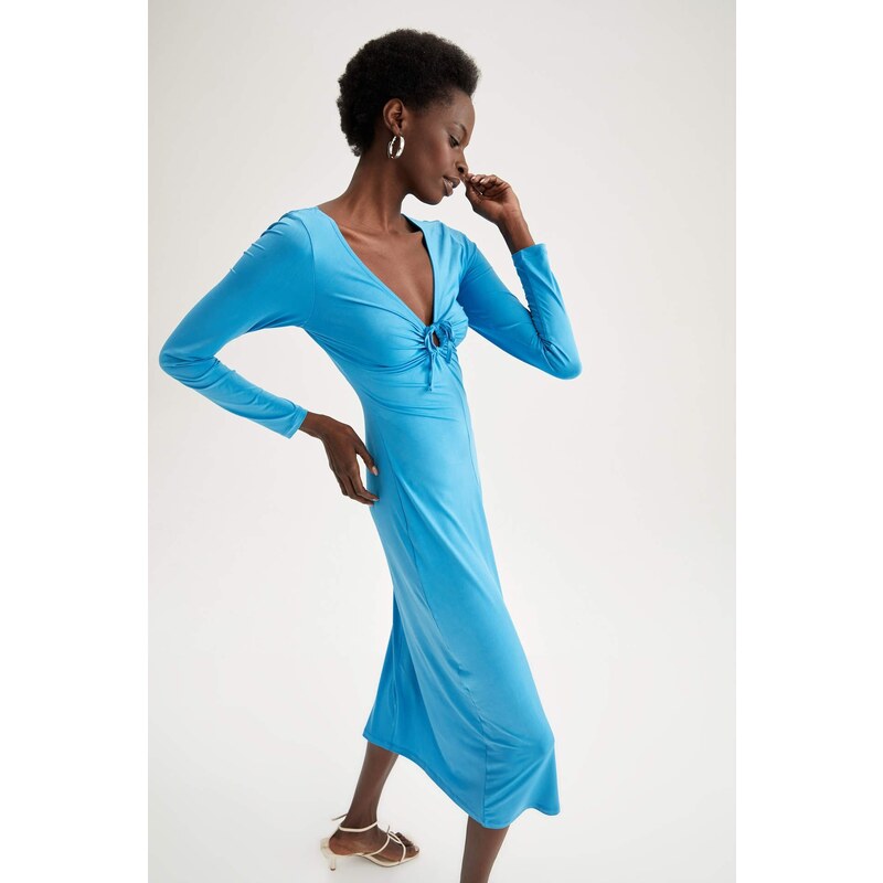 DEFACTO V Neck Long Sleeve Midi Dress