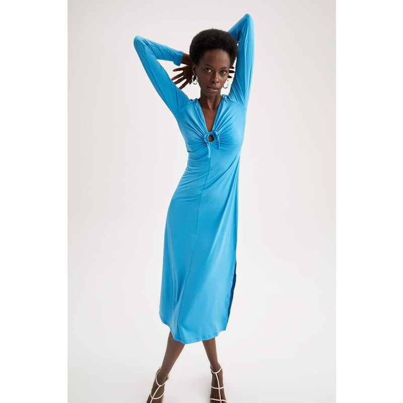 DEFACTO V Neck Long Sleeve Midi Dress