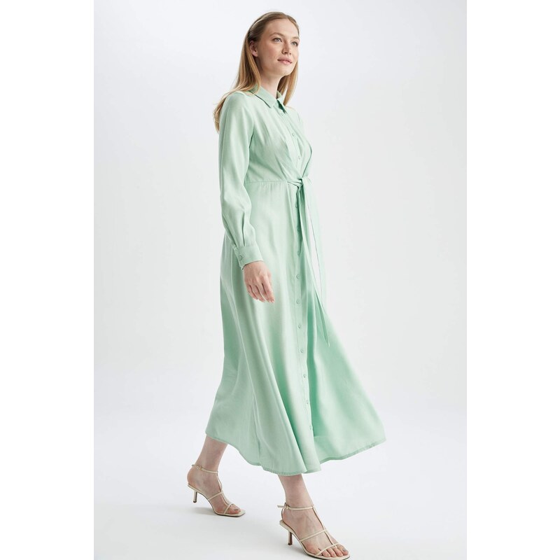 DEFACTO Regular Fit Sash Detailed Shirt Collar Maxi Dress