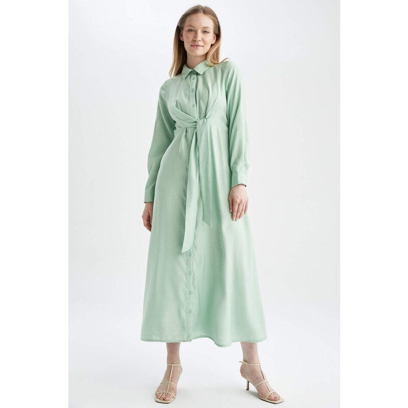 DEFACTO Regular Fit Sash Detailed Shirt Collar Maxi Dress