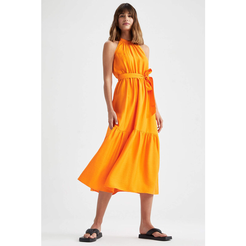 DEFACTO Crew Neck Sleeveless Belted Midi Dress