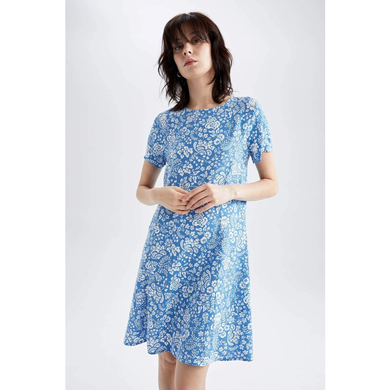 DEFACTO Relax Fit A Cut Short Sleeve Printed Mini Dress